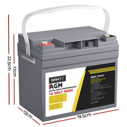 Giantz AGM Deep Cycle Battery 12V 50Ah Box Portable Solar Caravan Camping BATTERY-C-AGM-50