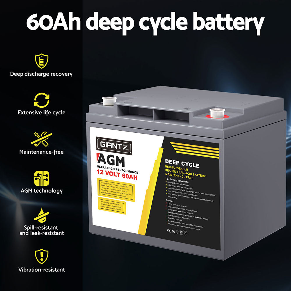 Giantz AGM Battery 12V 60Ah Deep Cycle Box Portable Solar Caravan Camping BATTERY-C-AGM-60
