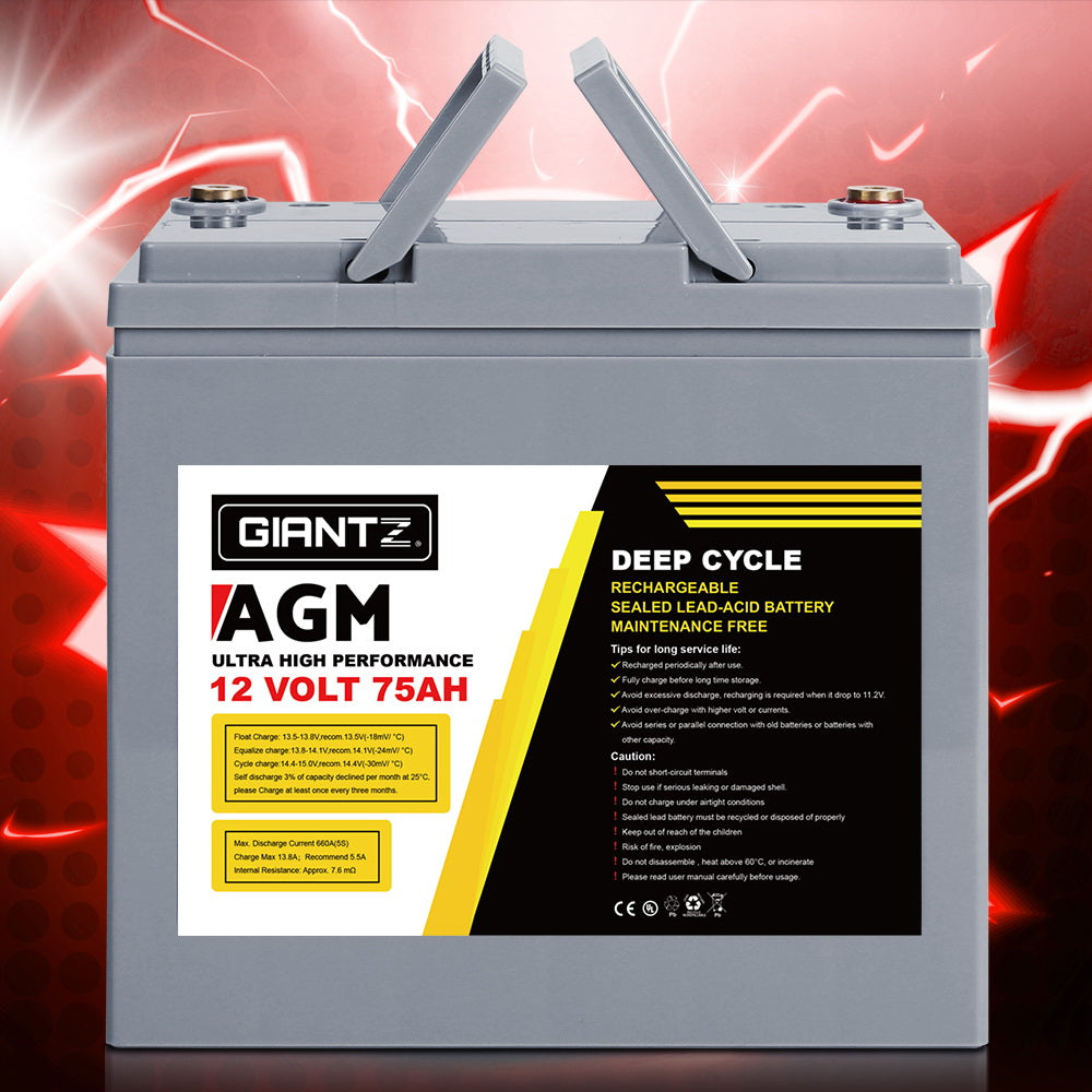 Giantz AGM Deep Cycle Battery 12V 75Ah Box Portable Solar Caravan Camping BATTERY-C-AGM-75