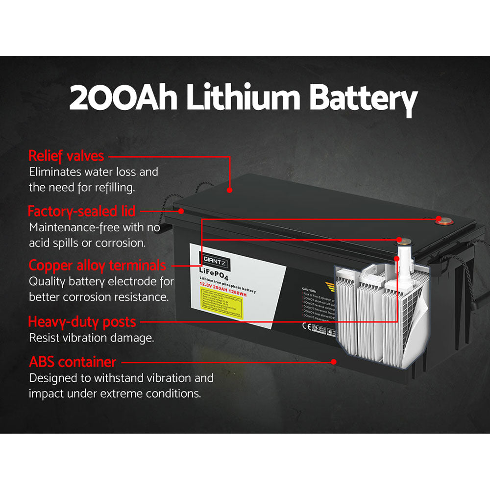 Giantz 12V 200Ah Lithium Battery LiFePO4 Deep Cycle Box Solar Caravan Camping BATTERY-LI-200-B