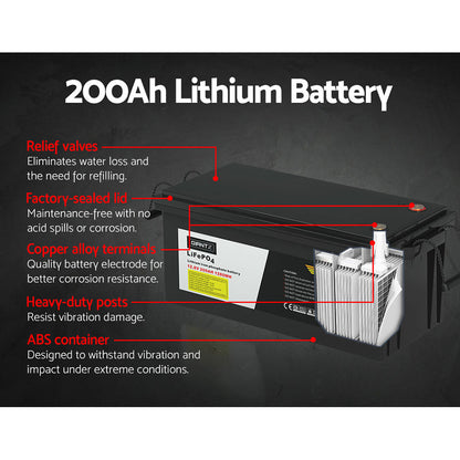 Giantz 12V 200Ah Lithium Battery LiFePO4 Deep Cycle Box Solar Caravan Camping BATTERY-LI-200-B