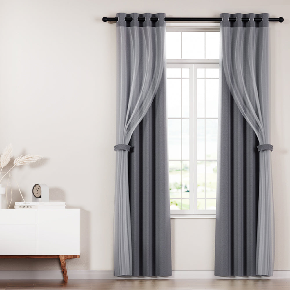 Artiss 2X 132x160cm Blockout Sheer Curtains Charcoal BC-SR-132X160-CH
