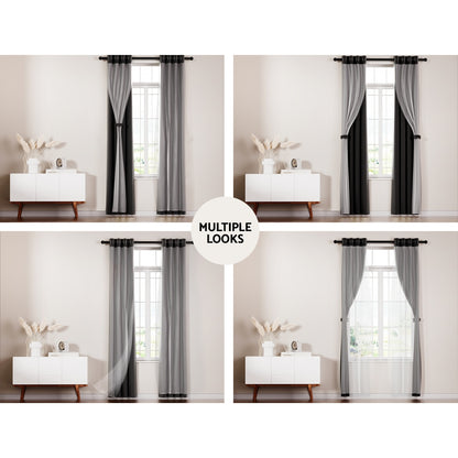 Artiss 2X 132x213cm Blockout Sheer Curtains Black BC-SR-132X213-BK
