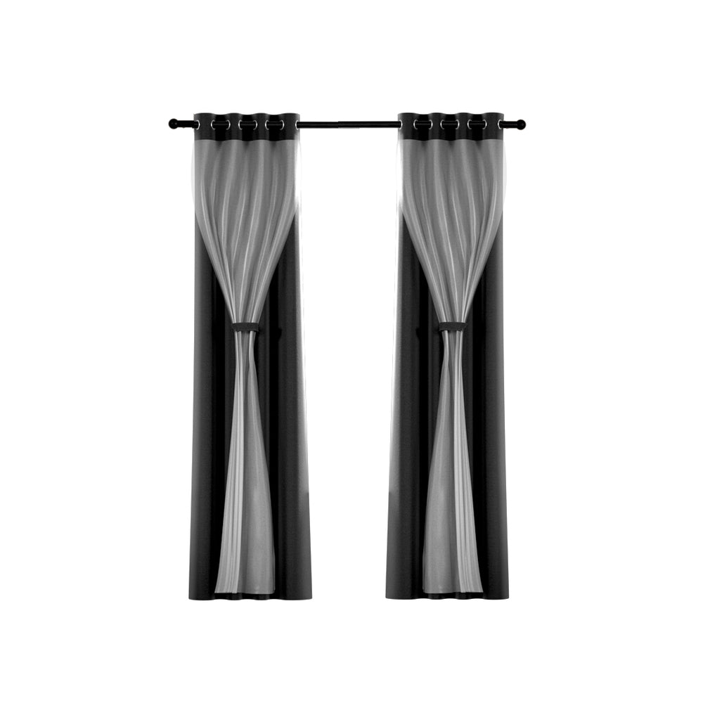 Artiss 2X 132x242cm Blockout Sheer Curtains Black BC-SR-132X242-BK