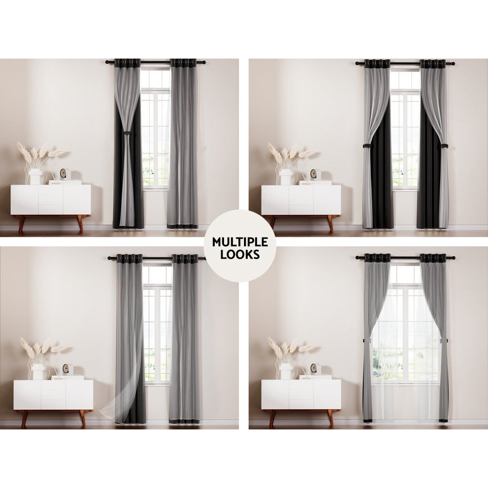 Artiss 2X 132x242cm Blockout Sheer Curtains Black BC-SR-132X242-BK
