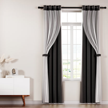 Artiss 2X 132x304cm Blockout Sheer Curtains Black BC-SR-132X304-BK