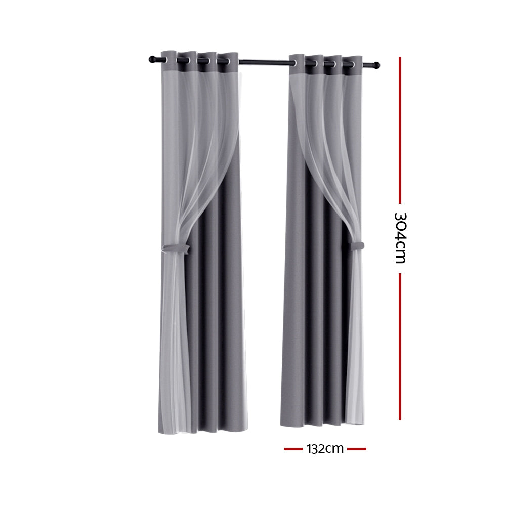 Artiss 2X 132x304cm Blockout Sheer Curtains Charcoal BC-SR-132X304-CH