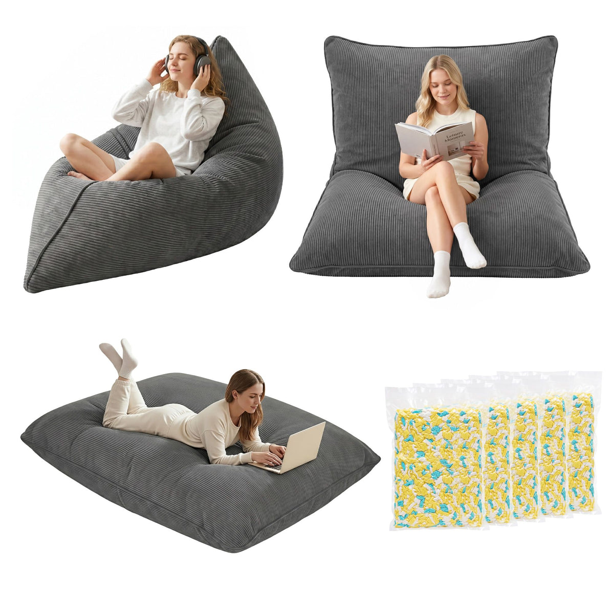 Artiss 3 in 1 Bean Bag Chair with Filler Convertible Bean Bag for Adults, Corduroy DIY Stuffed Bean Bag Sofa BD-3IN1-GR-5FILLER