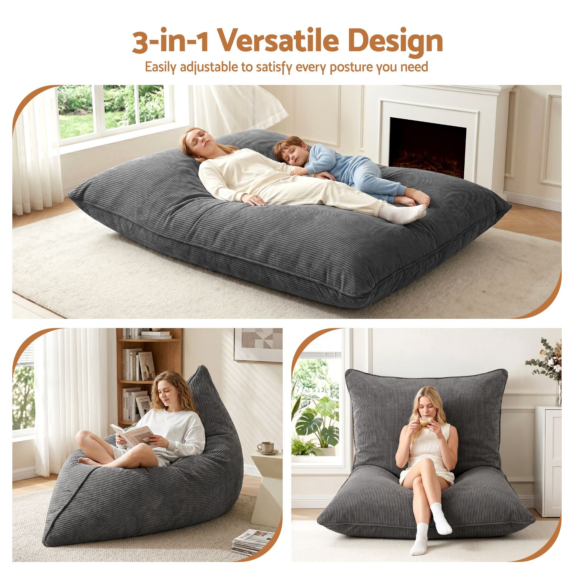 Artiss 3 in 1 Bean Bag Chair with Filler Convertible Bean Bag for Adults, Corduroy DIY Stuffed Bean Bag Sofa BD-3IN1-GR-5FILLER