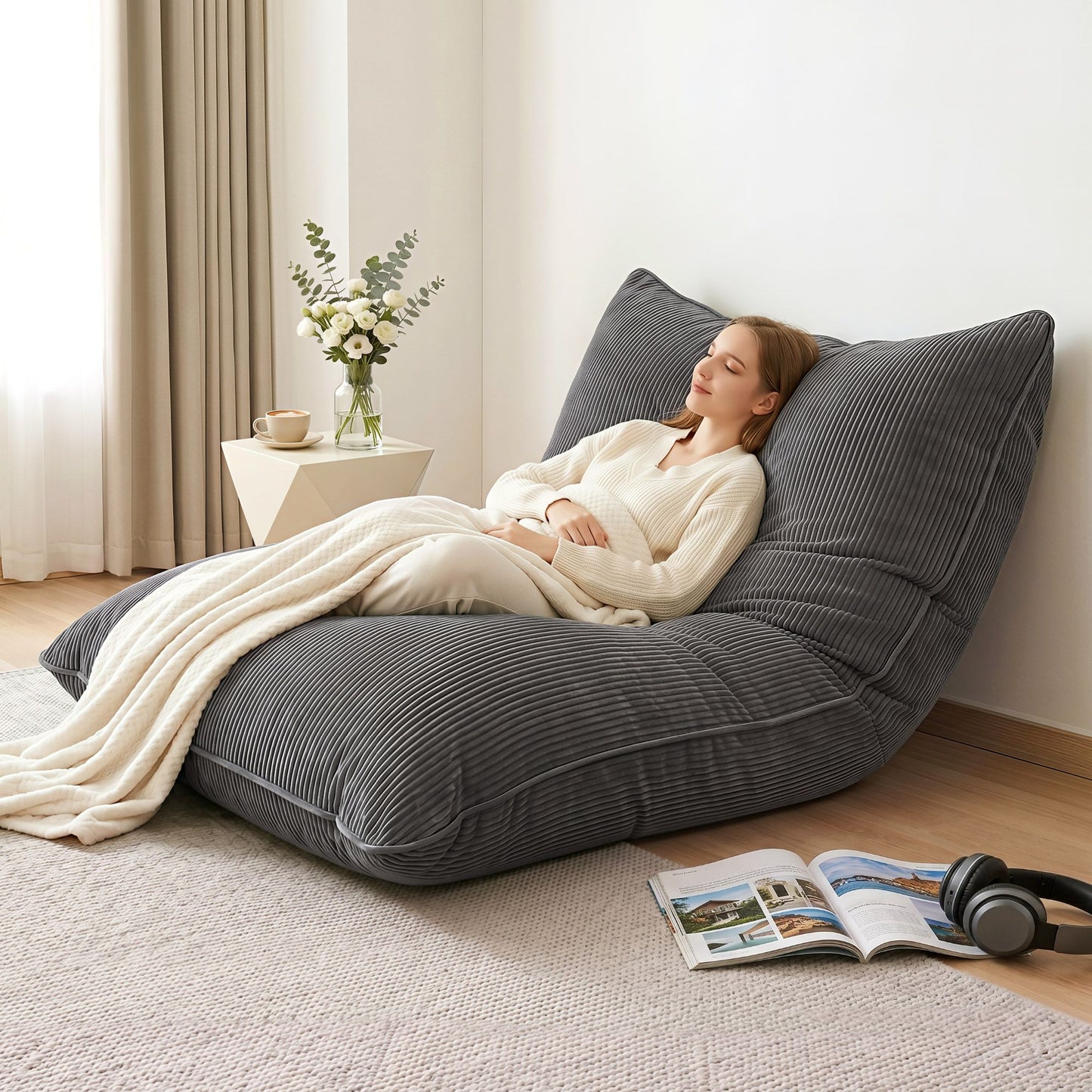 Artiss 3 in 1 Bean Bag Chair with Filler Convertible Bean Bag for Adults, Corduroy DIY Stuffed Bean Bag Sofa BD-3IN1-GR-5FILLER