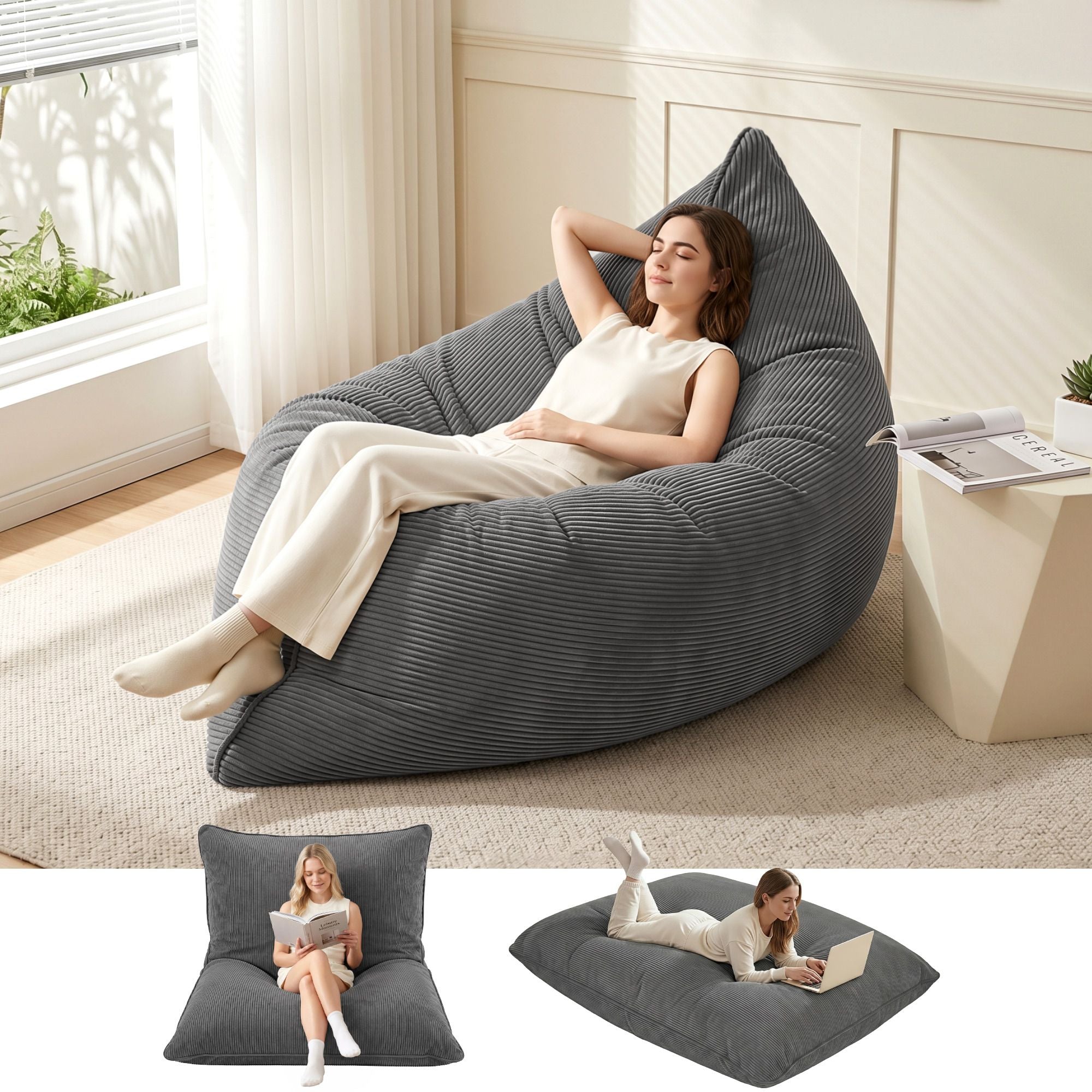 Artiss 3 in 1 Bean Bag Chair with Filler Convertible Bean Bag for Adults, Corduroy DIY Stuffed Bean Bag Sofa BD-3IN1-GR-5FILLER
