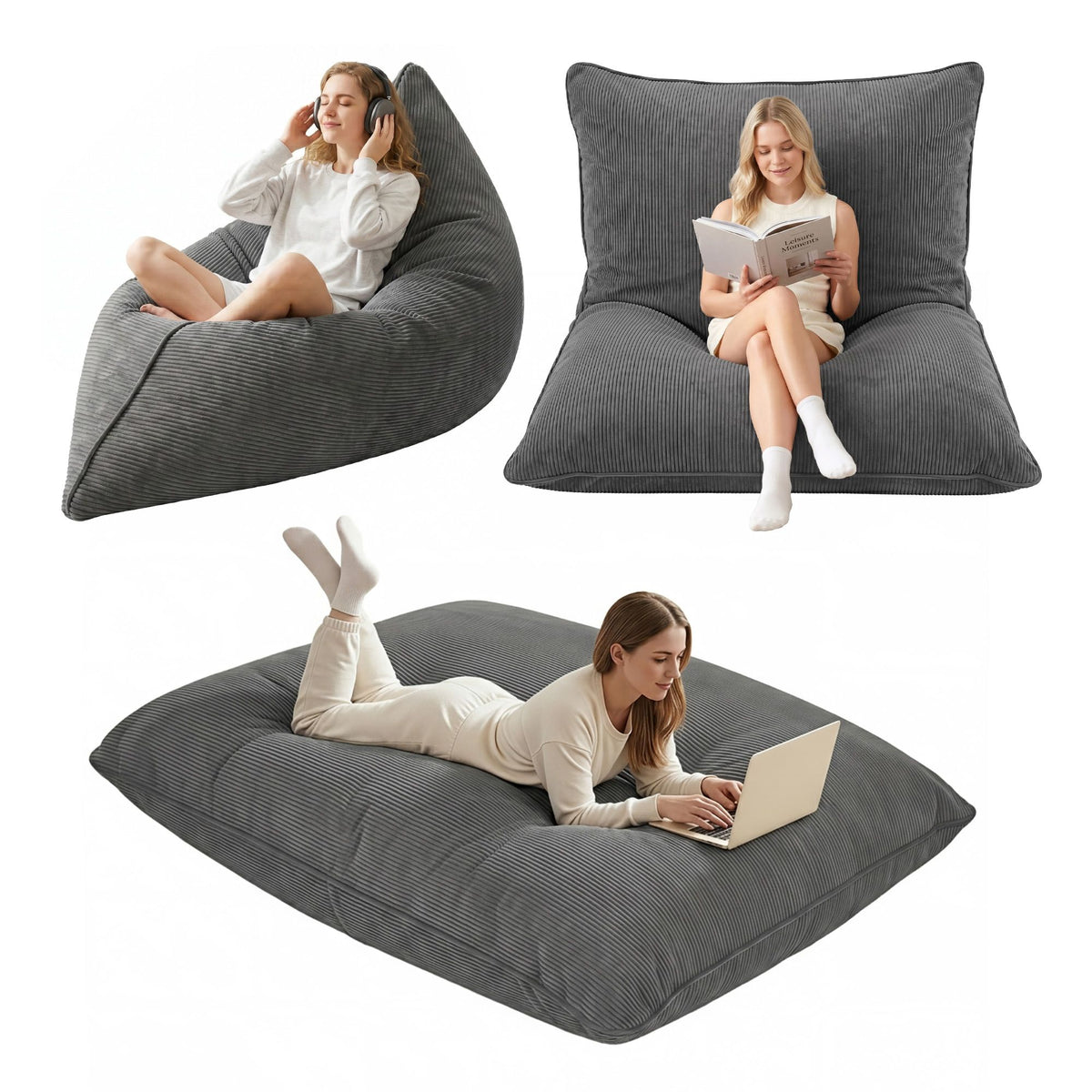 Artiss 3 in 1 Bean Bag Chair Cover (No Filler) Convertible Bean Bag for Adults, Corduroy Stuffed Animal BD-COVER-3IN1-GR