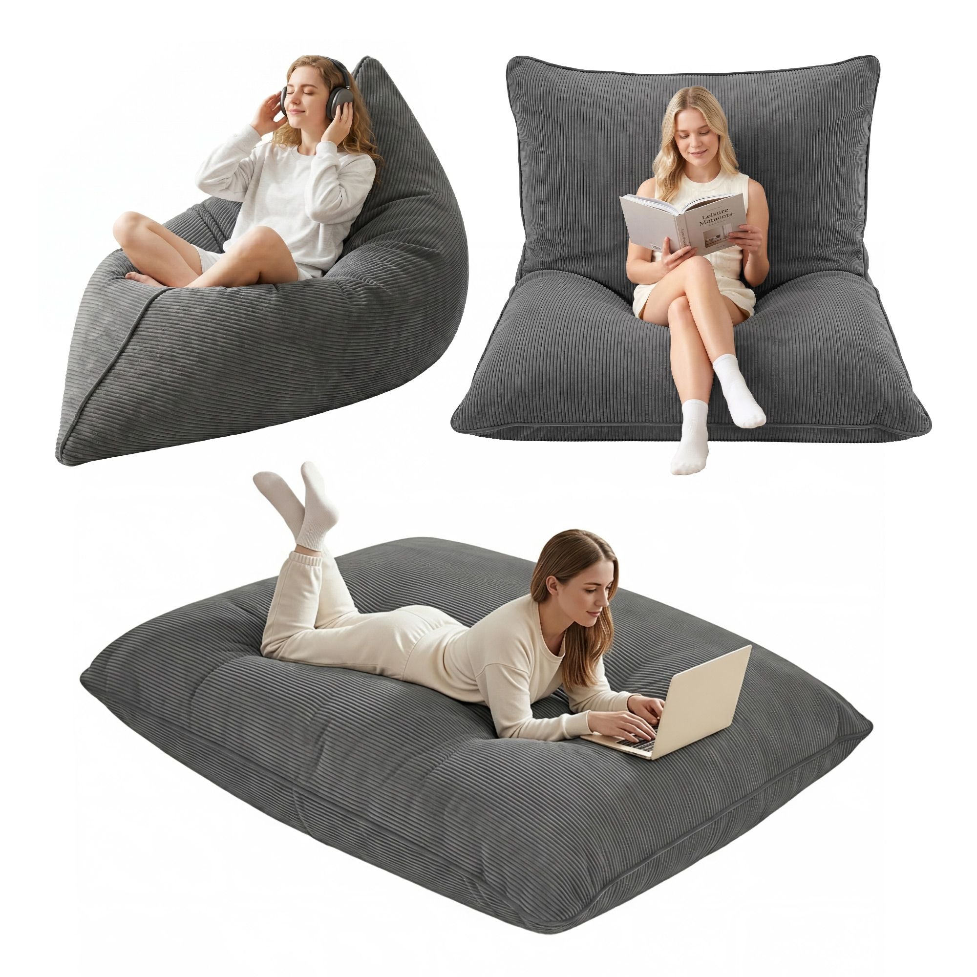 Artiss 3 in 1 Bean Bag Chair Cover (No Filler) Convertible Bean Bag for Adults, Corduroy Stuffed Animal BD-COVER-3IN1-GR