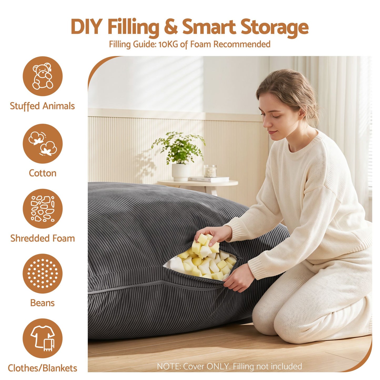 Artiss 3 in 1 Bean Bag Chair Cover (No Filler) Convertible Bean Bag for Adults, Corduroy Stuffed Animal BD-COVER-3IN1-GR