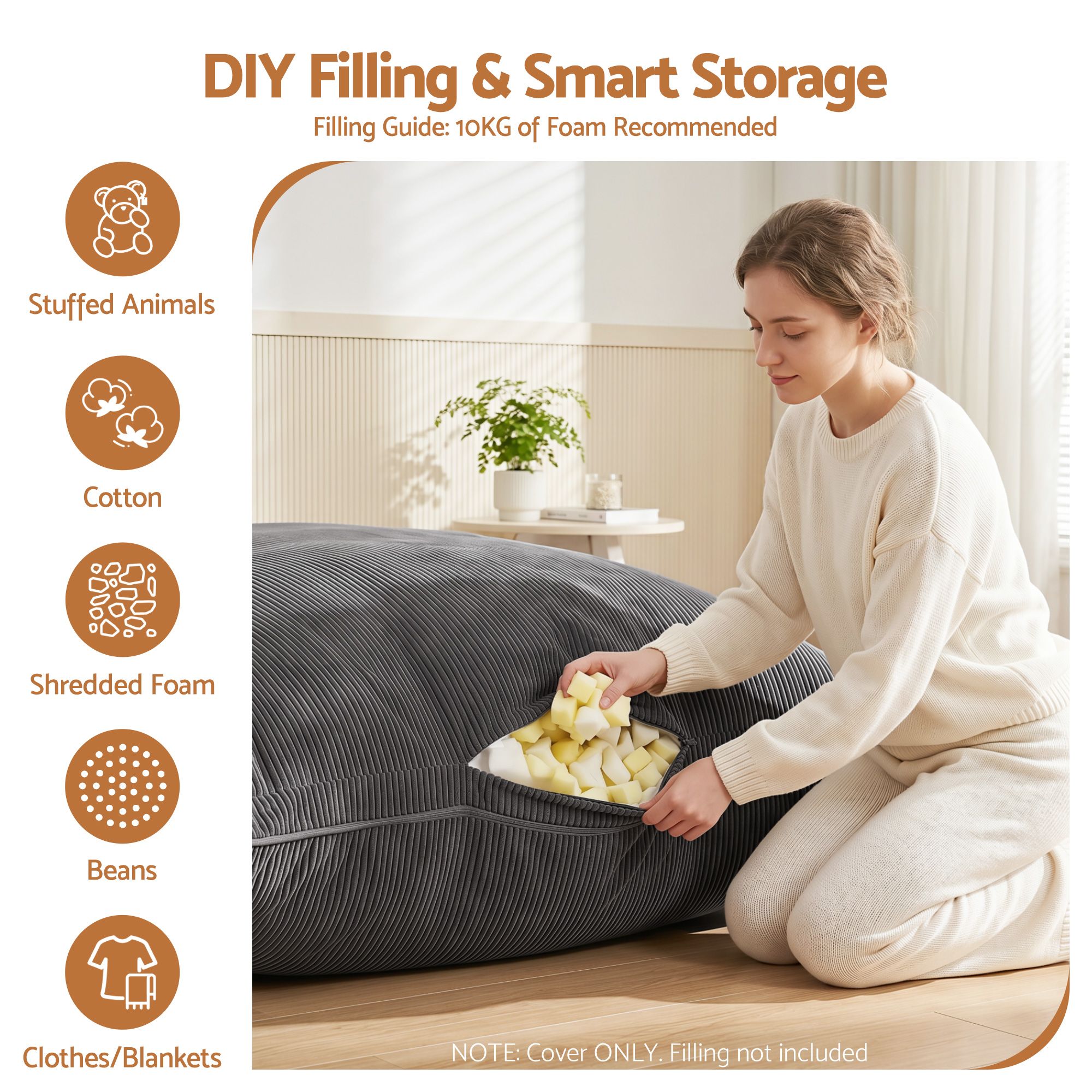 Artiss 3 in 1 Bean Bag Chair Cover (No Filler) Convertible Bean Bag for Adults, Corduroy Stuffed Animal BD-COVER-3IN1-GR