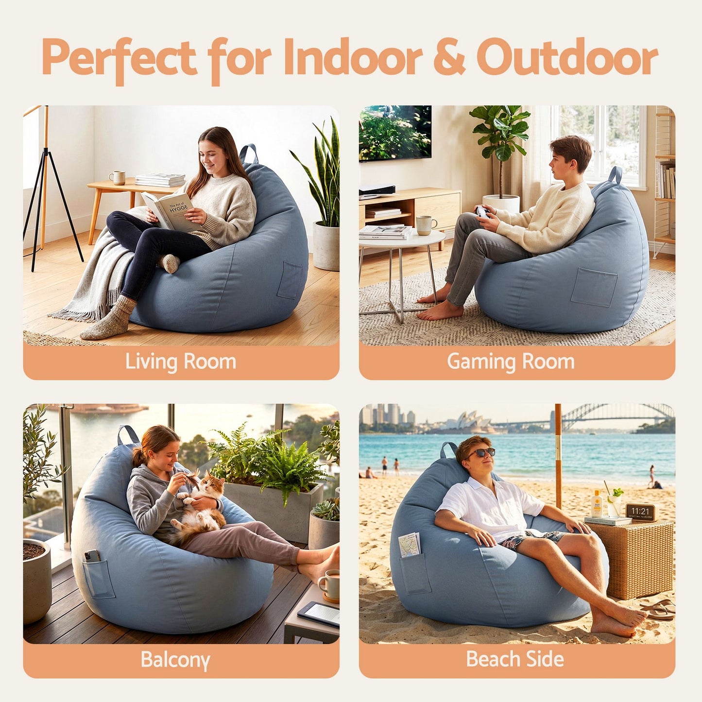 Artiss Outdoor Bean Bag Chair Cover (No Filler) Splash-Proof Beanbag Sofacover for Adults Teens Kids BD-COVER-CH-S-GR