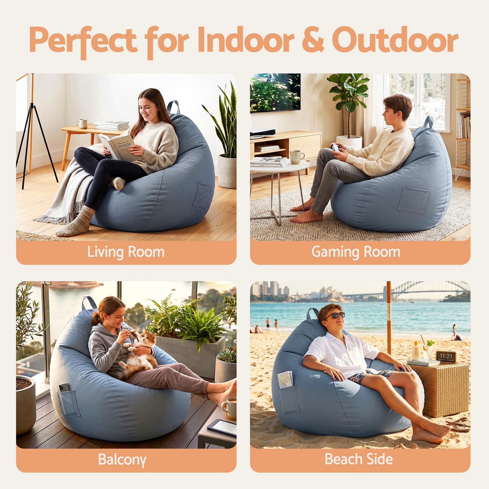 Artiss Outdoor Bean Bag Chair Cover (No Filler) Splash-Proof Beanbag Sofacover for Adults Teens Kids BD-COVER-CH-S-GR