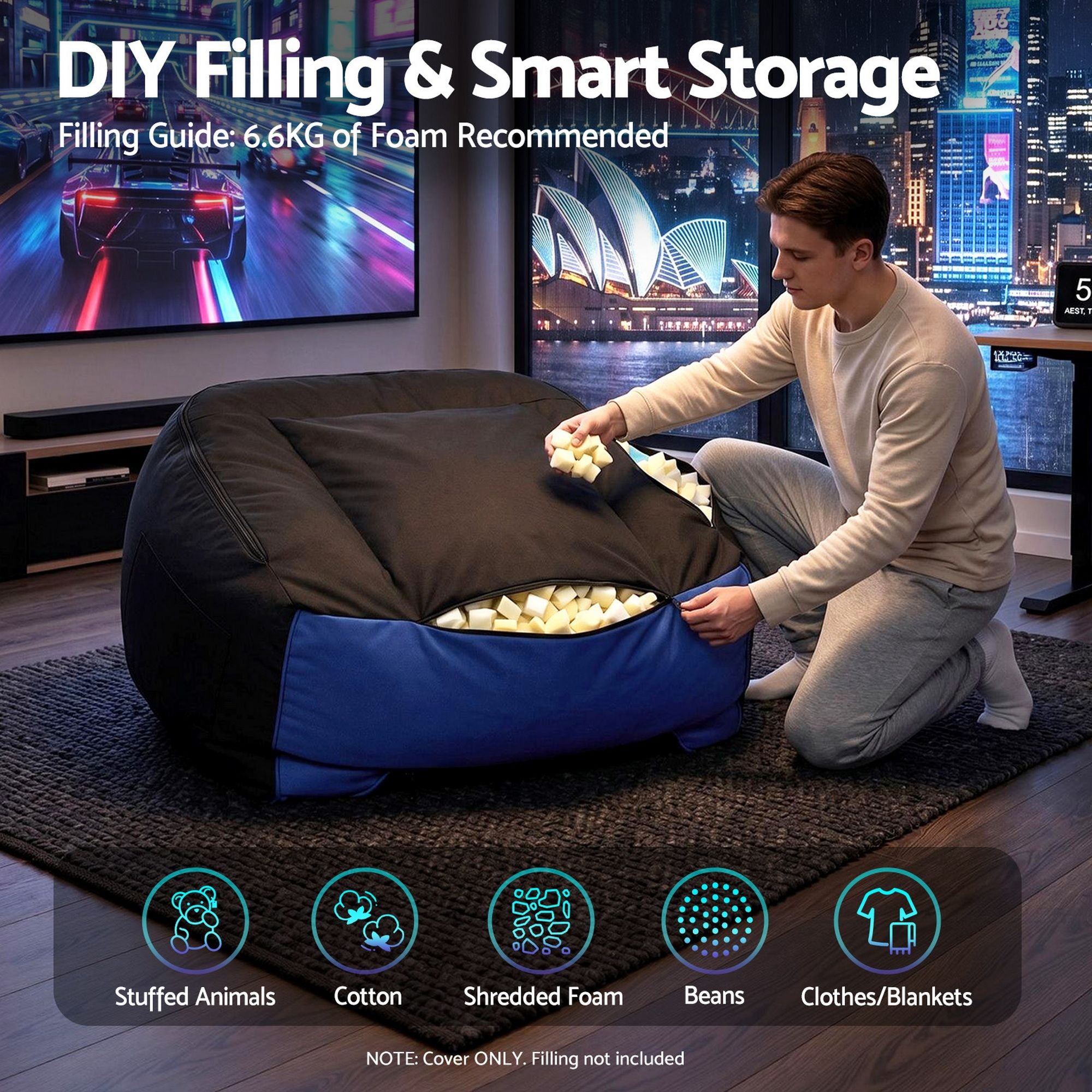 Artiss Gaming Bean Bag Chair Cover (No Filler) for Adults Teens Kids Splash-Proof Floor Gaming Chair Cover BD-COVER-GAME-CH-BLBK
