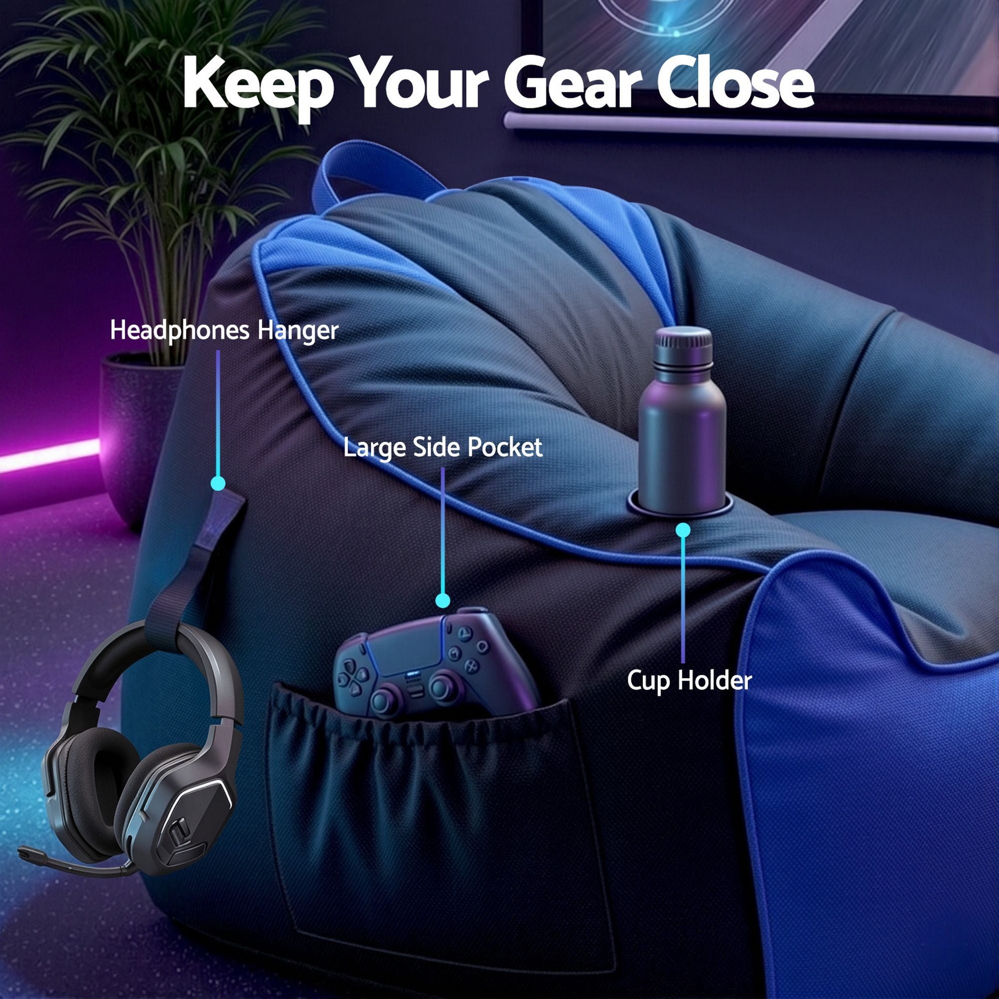 Artiss Gaming Bean Bag Chair Cover (No Filler) for Adults Teens Kids Splash-Proof Floor Gaming Chair Cover BD-COVER-GAME-CH-BLBK