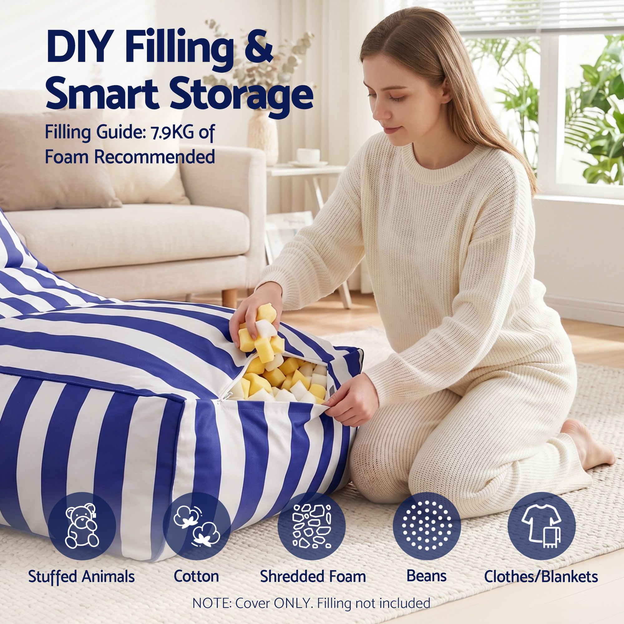 Artiss Outdoor Bean Bag Chair Cover (No Filler) Splash-Proof Beanbag Lounge Sofacover Stuffed Animal Storage BD-COVER-LOUNGE-BLWH