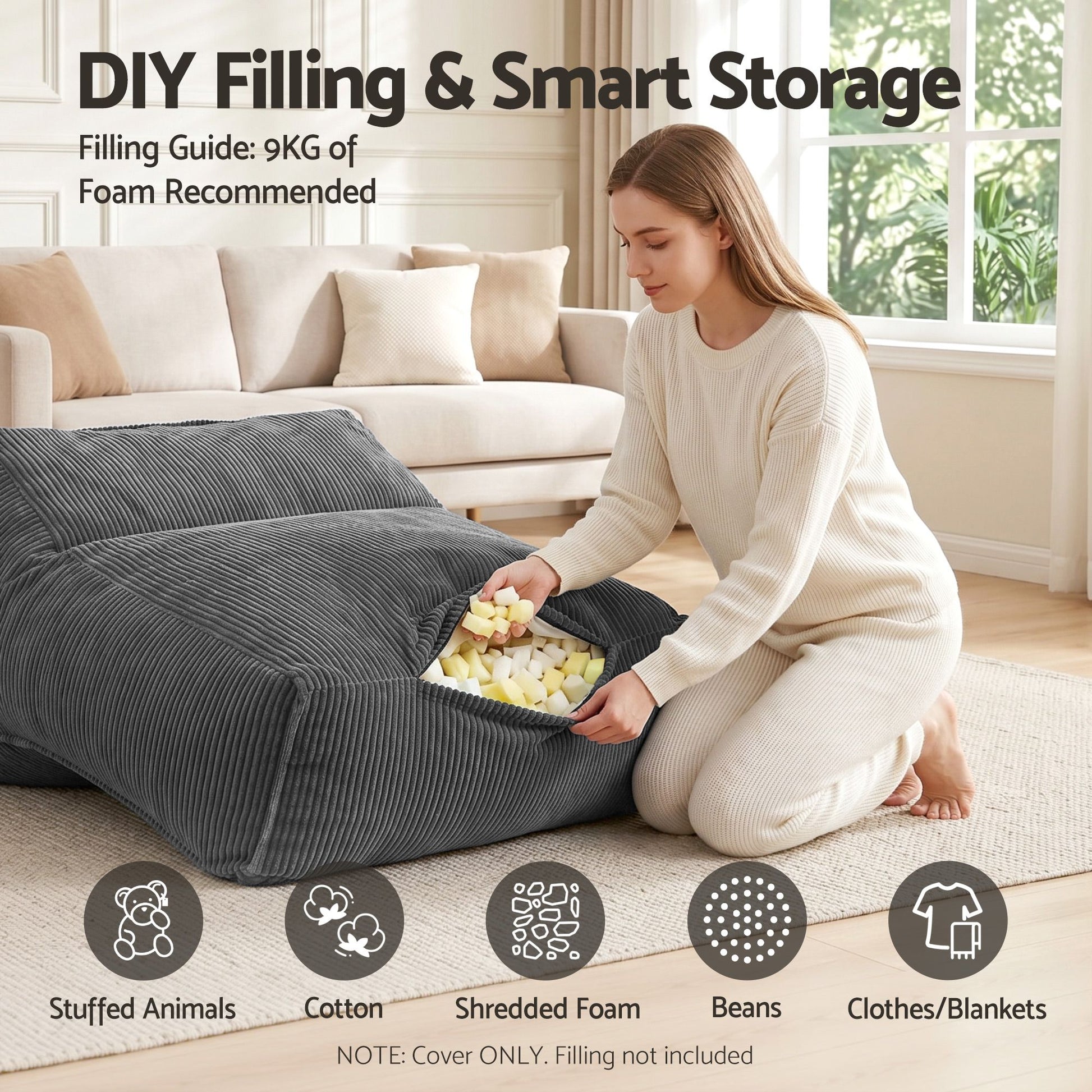 Artiss Bean Bag Chair Cover (No Filler) Soft Corduroy Stuffed Animal Storage Bean Bag Cover for Adults, BD-COVER-LOUNGE-S-GR