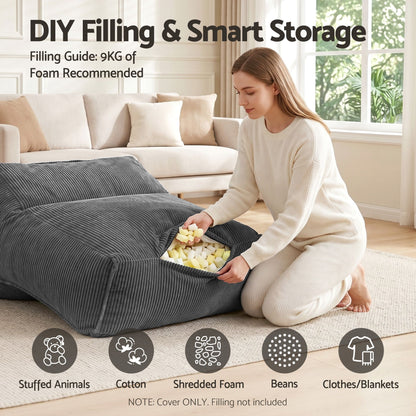 Artiss Bean Bag Chair Cover (No Filler) Soft Corduroy Stuffed Animal Storage Bean Bag Cover for Adults, BD-COVER-LOUNGE-S-GR