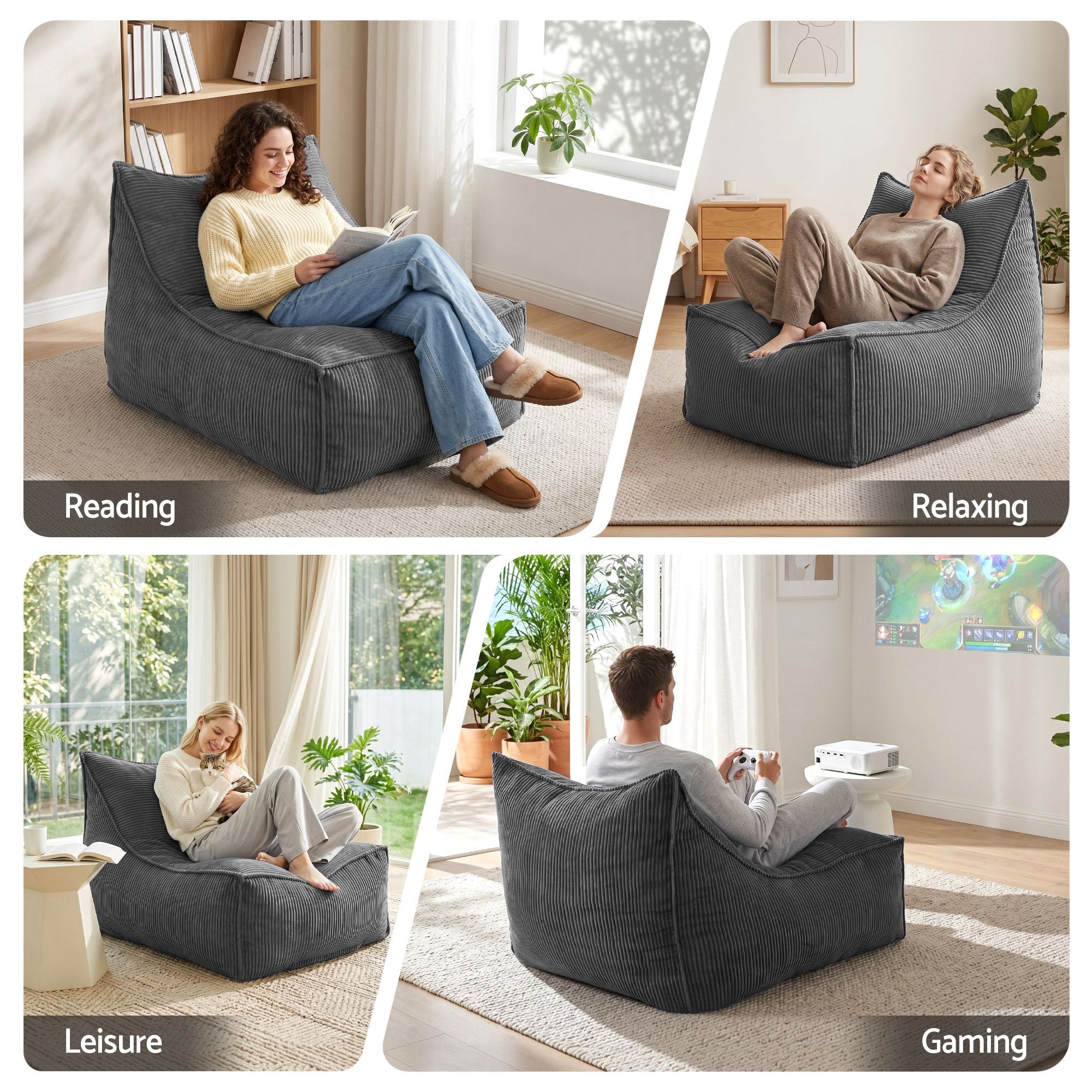 Artiss Bean Bag Chair Cover (No Filler) Soft Corduroy Stuffed Animal Storage Bean Bag Cover for Adults, Washable Lazy Sofa Cover for Living Room Bedroom, Grey