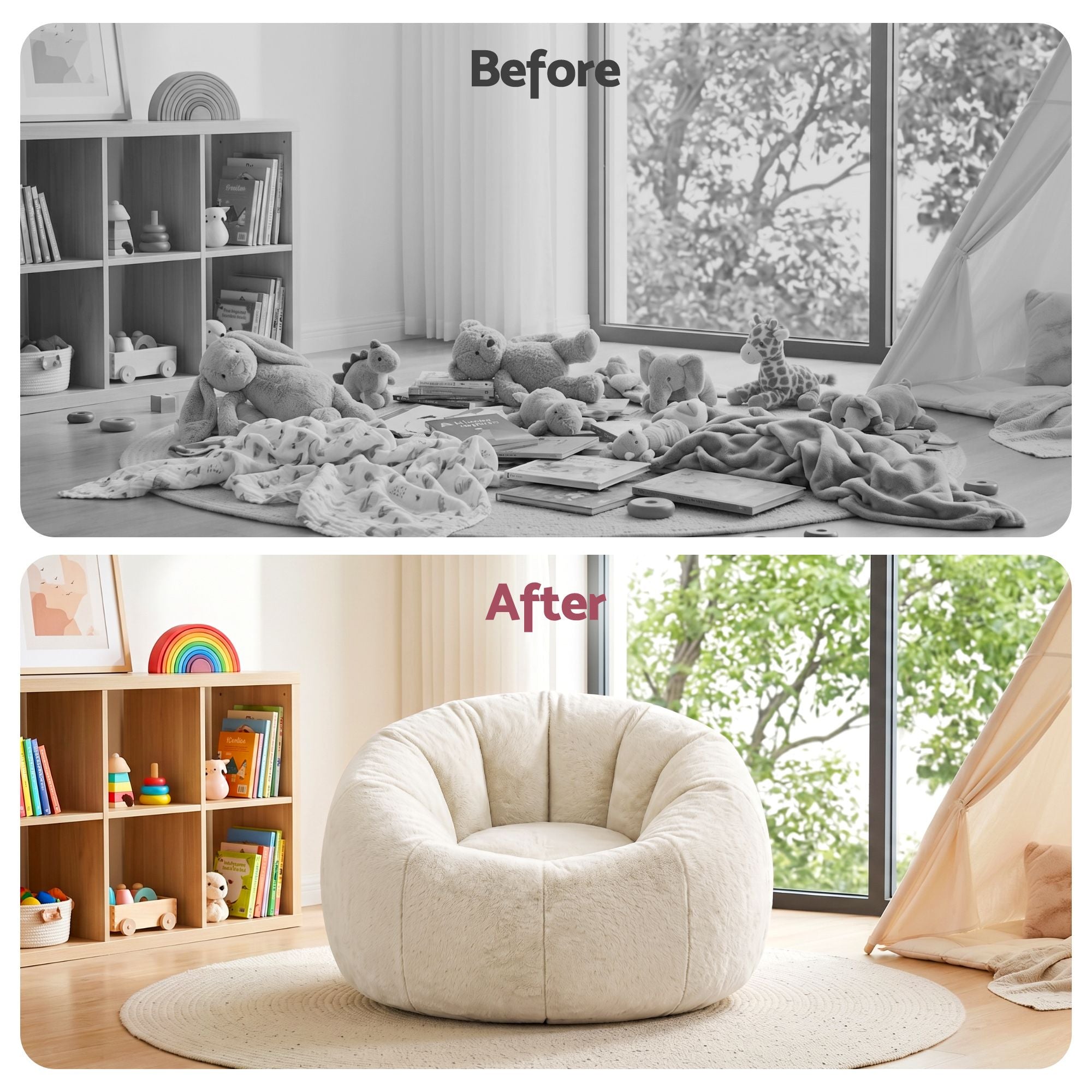 Artiss Bean Bag Chair Cover (No Filler) Soft Faux Fur Beanbag Cover Large Round Stuffed Animal Storage Bean Bag Cover Washable Lazy Sofa Cover for Adults Kids Teens, Beige