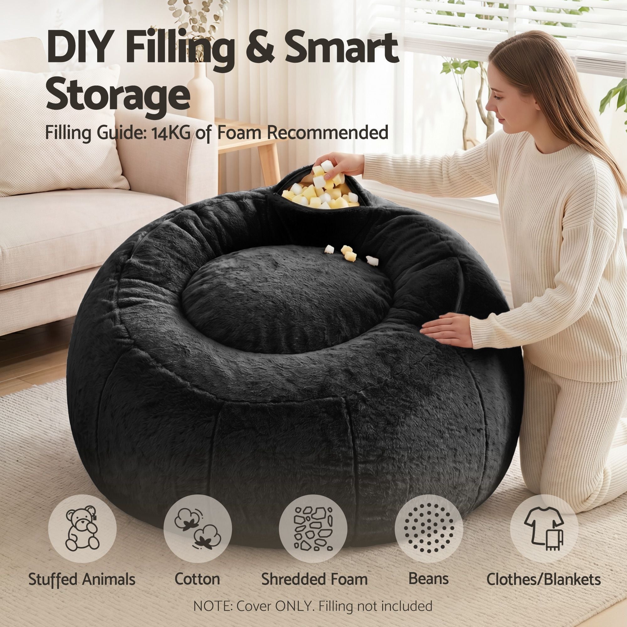 Artiss Bean Bag Chair Cover (No Filler) Soft Faux Fur Beanbag Cover Large Round Stuffed Animal Storage Bean Bag Cover Washable Lazy Sofa Cover for Adults Kids Teens, Black