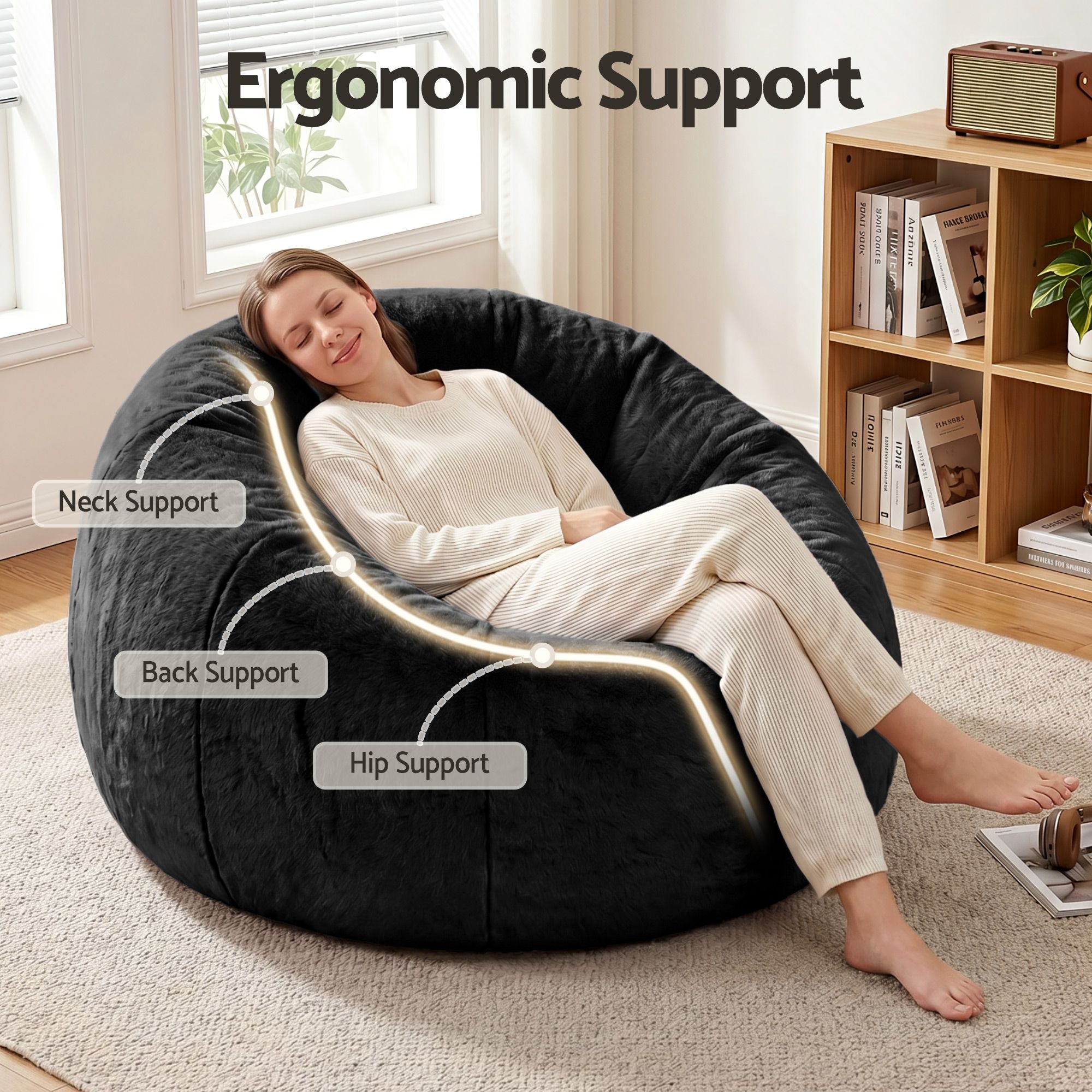 Artiss Bean Bag Chair Cover (No Filler) Soft Faux Fur Beanbag Cover Large Round Stuffed Animal Storage Bean Bag Cover Washable Lazy Sofa Cover for Adults Kids Teens, Black