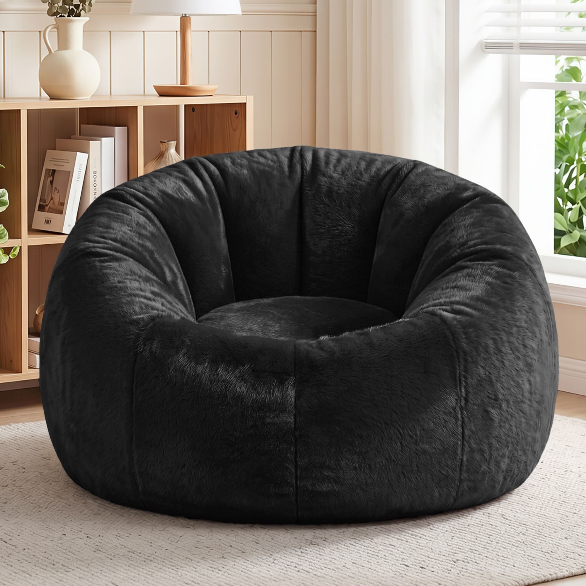 Artiss Bean Bag Chair Cover (No Filler) Soft Faux Fur Beanbag Cover Large Round Stuffed Animal Storage Bean Bag Cover Washable Lazy Sofa Cover for Adults Kids Teens, Black