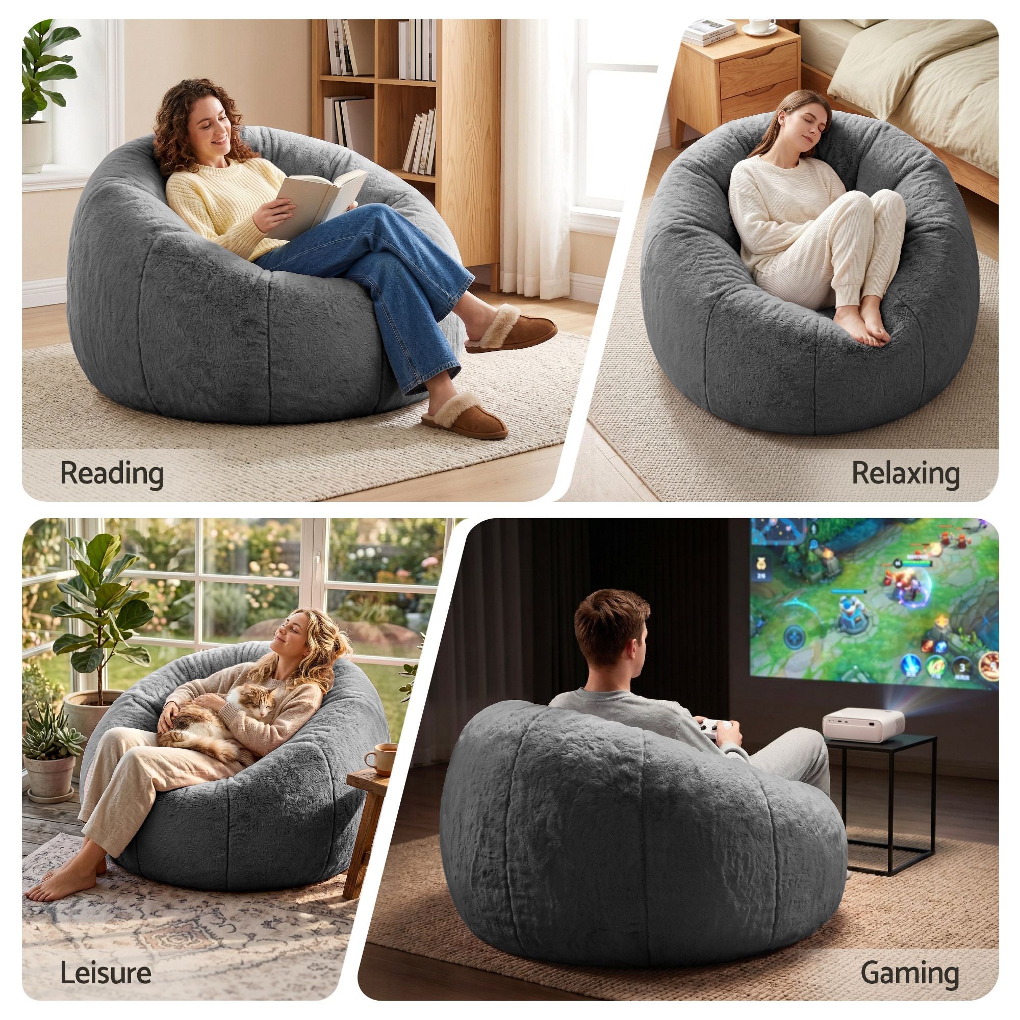 Artiss Bean Bag Chair Cover (No Filler) Soft Faux Fur Beanbag Cover Large Round Stuffed Animal Storage Bean Bag Cover Washable Lazy Sofa Cover for Adults Kids Teens, Grey
