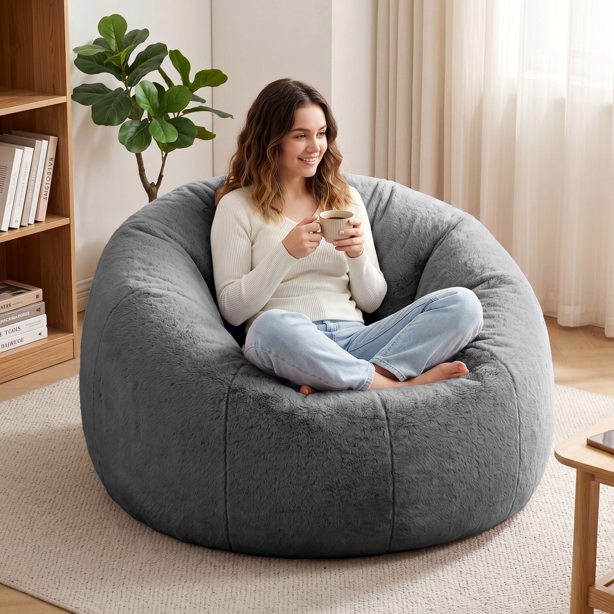Artiss Bean Bag Chair Cover (No Filler) Soft Faux Fur Beanbag Cover Large Round Stuffed Animal Storage Bean Bag Cover Washable Lazy Sofa Cover for Adults Kids Teens, Grey