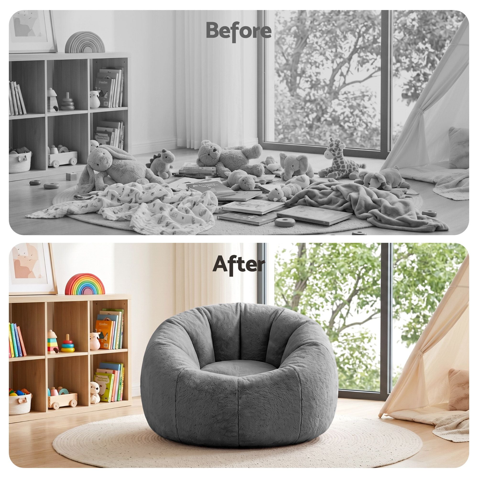 Artiss Bean Bag Chair Cover (No Filler) Soft Faux Fur Beanbag Cover Large Round Stuffed Animal Storage Bean Bag Cover Washable Lazy Sofa Cover for Adults Kids Teens, Grey
