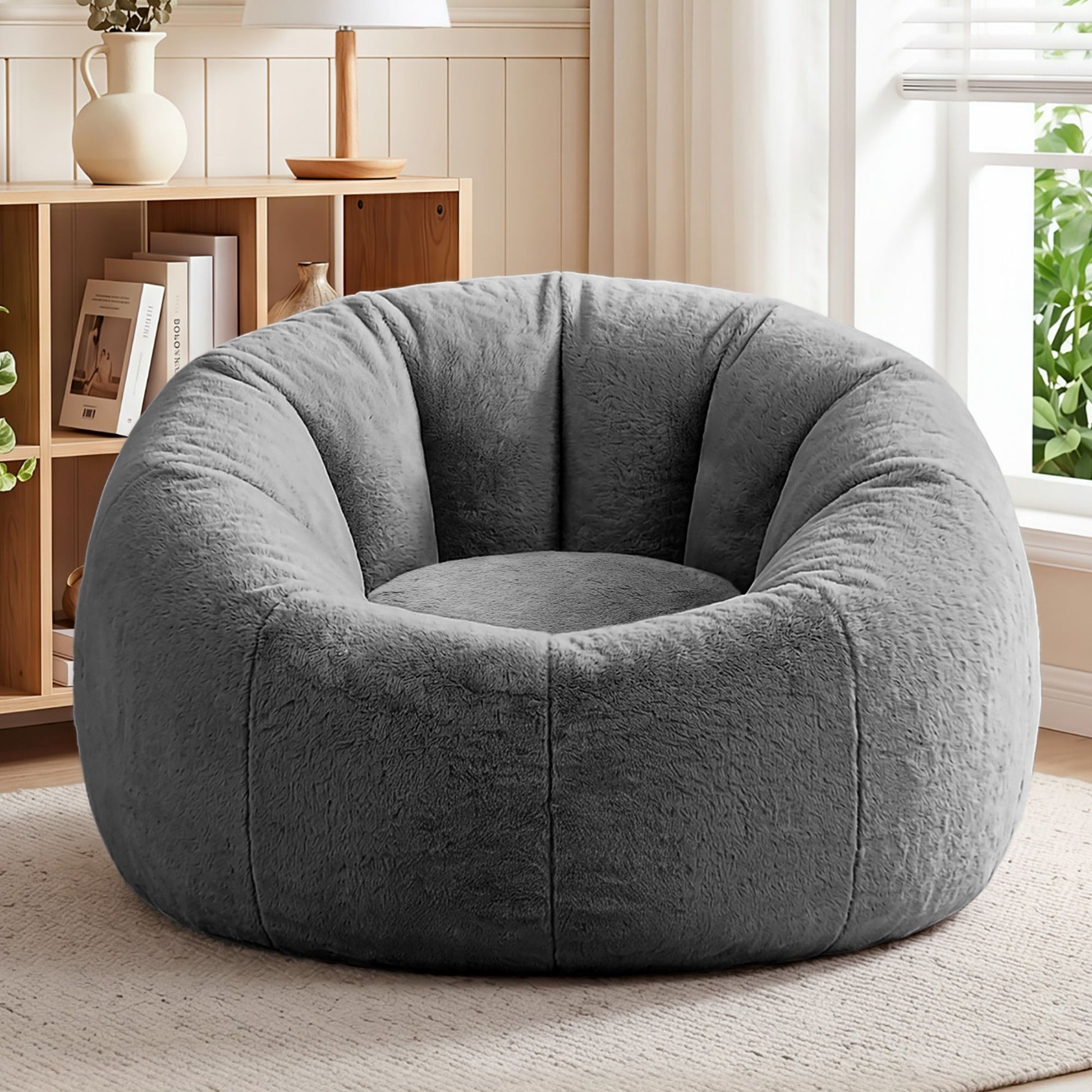 Artiss Bean Bag Chair Cover (No Filler) Soft Faux Fur Beanbag Cover Large Round Stuffed Animal Storage Bean BD-COVER-ROUND-GR