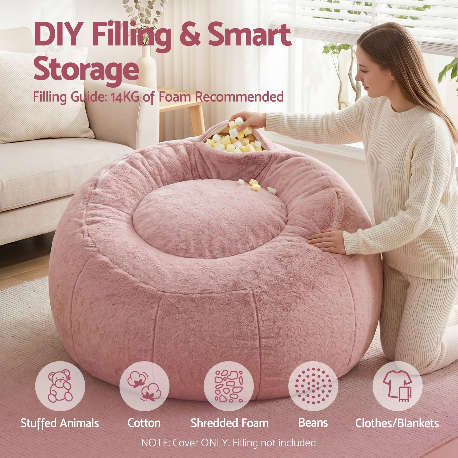 Artiss Bean Bag Chair Cover (No Filler) Soft Faux Fur Beanbag Cover Large Round Stuffed Animal Storage Bean BD-COVER-ROUND-PK