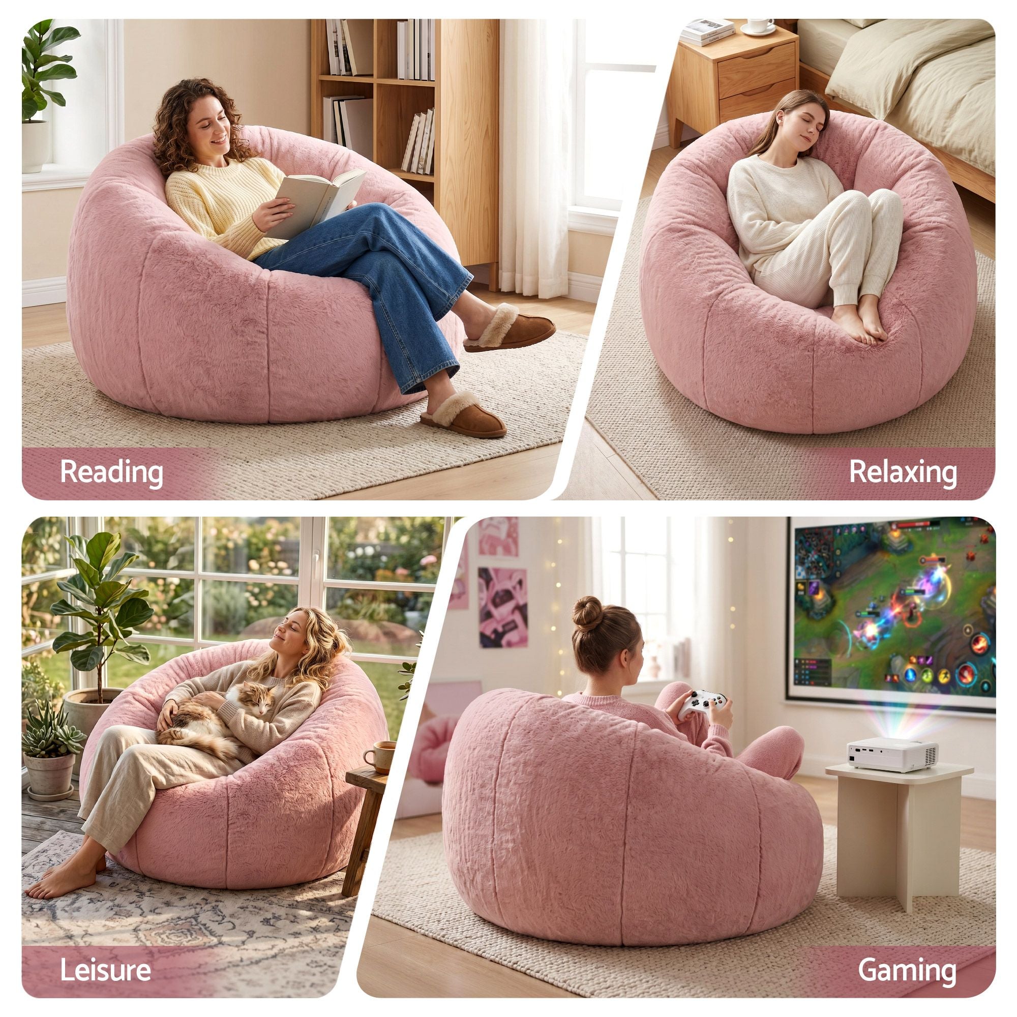 Artiss Bean Bag Chair Cover (No Filler) Soft Faux Fur Beanbag Cover Large Round Stuffed Animal Storage Bean Bag Cover Washable Lazy Sofa Cover for Adults Kids Teens, Pink