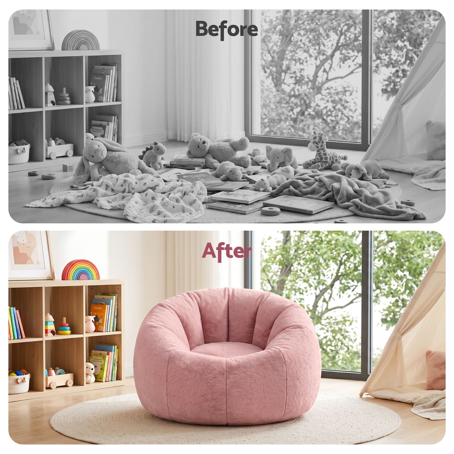 Artiss Bean Bag Chair Cover (No Filler) Soft Faux Fur Beanbag Cover Large Round Stuffed Animal Storage Bean BD-COVER-ROUND-PK