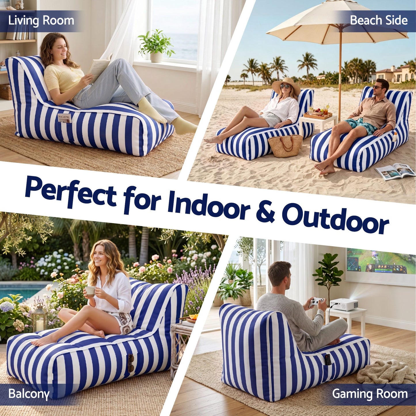 Artiss Outdoor Bean Bag Chair with Filler Splash-Proof Beanbag Lounge DIY Stuffed Animal Storage Bean Bag BD-LOUNGE-BLWH-4FILLER