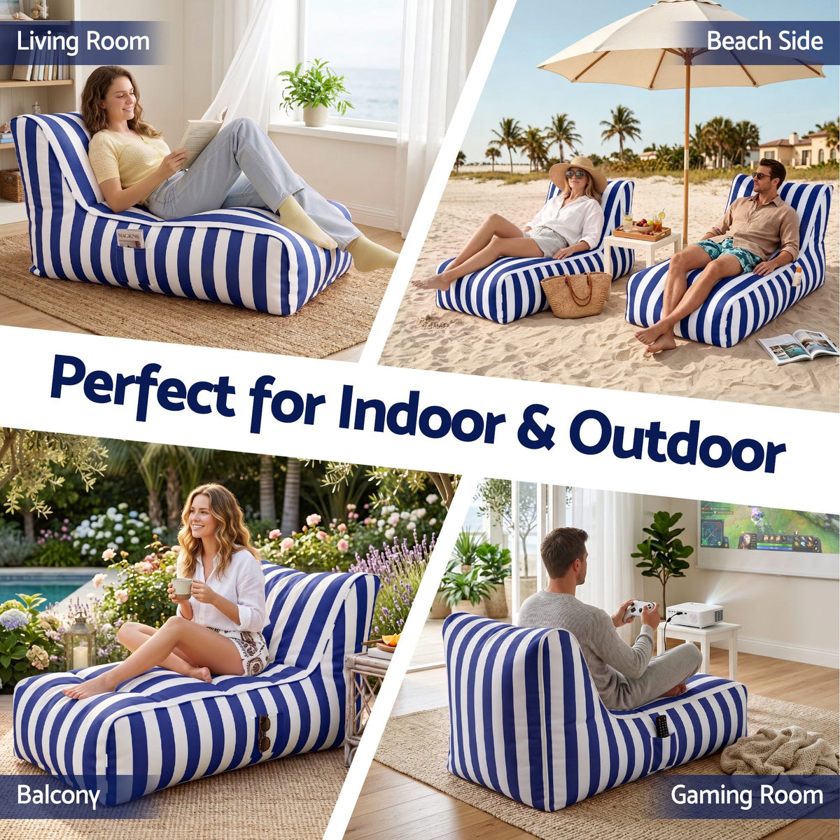 Artiss Outdoor Bean Bag Chair with Filler Splash-Proof Beanbag Lounge DIY Stuffed Animal Storage Bean Bag BD-LOUNGE-BLWH-4FILLER