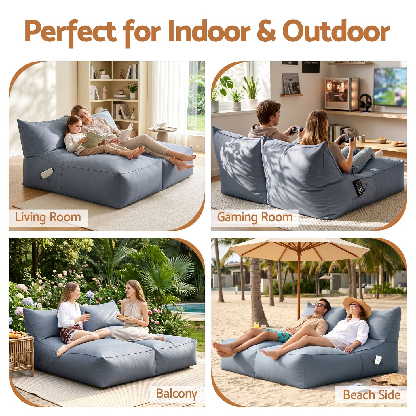 Artiss Outdoor Bean Bag Chair with Filler 2 Seater Beanbag Lounge Adults Splash-Proof Large Bean Bag Cover BD-LOUNGE-D-GR-12FILLER