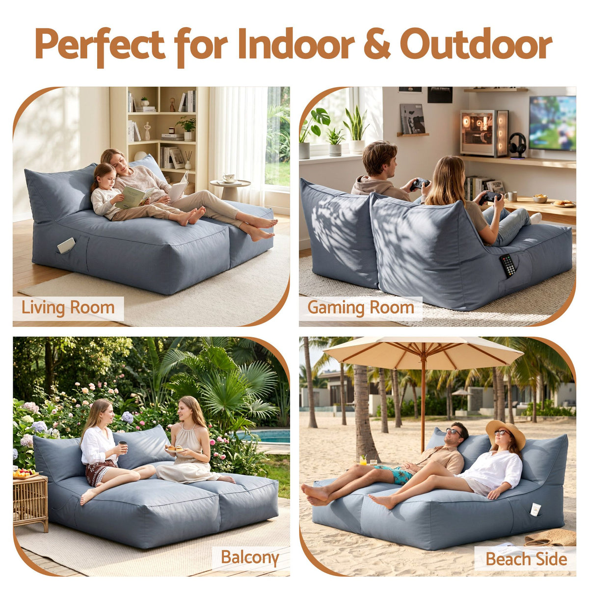 Artiss Outdoor Bean Bag Chair with Filler 2 Seater Beanbag Lounge Adults Splash-Proof Large Bean Bag Cover BD-LOUNGE-D-GR-12FILLER