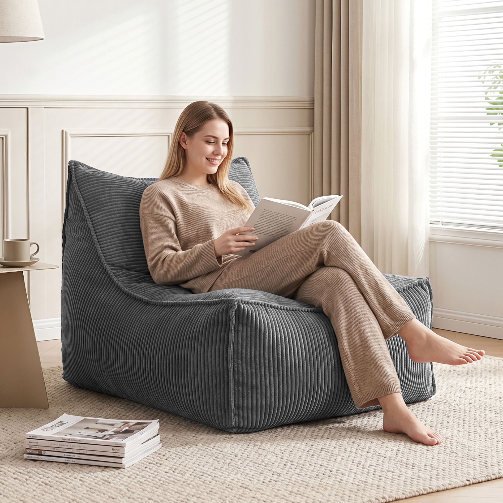 Artiss Bean Bag Chair Cover with Filler Soft Corduroy DIY Stuffed Animal Storage Bean Bag for Adults, Washable Lazy Sofa for Living Room Bedroom, Grey