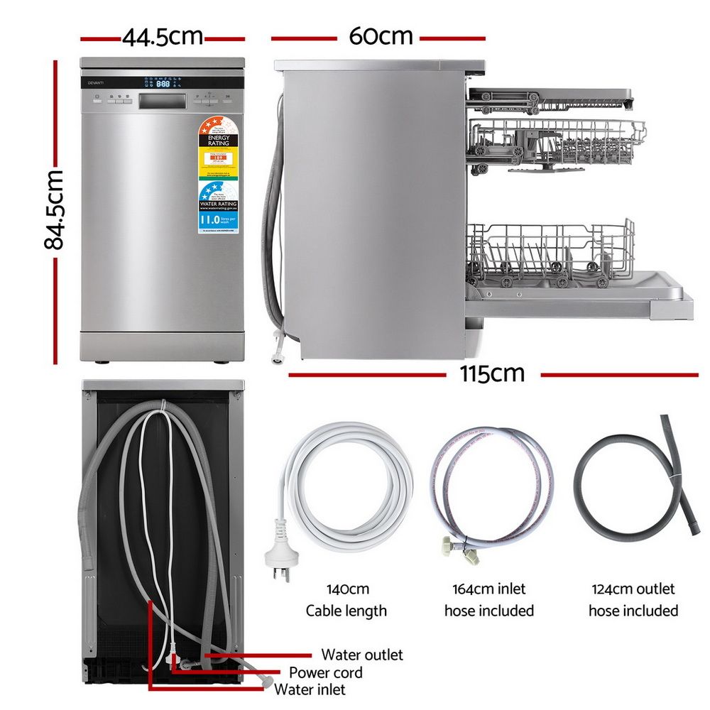 Devanti 10 Place Settings Freestanding Dishwasher Silver BDW-10-FS36E-SS