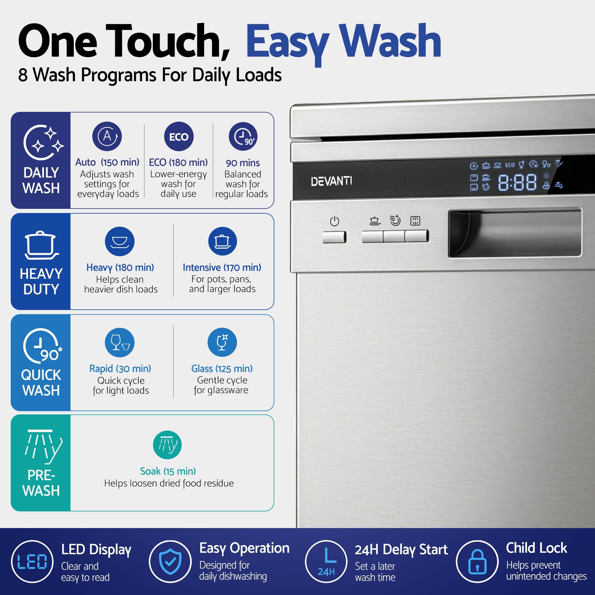 Devanti 10 Place Settings Freestanding Dishwasher Silver