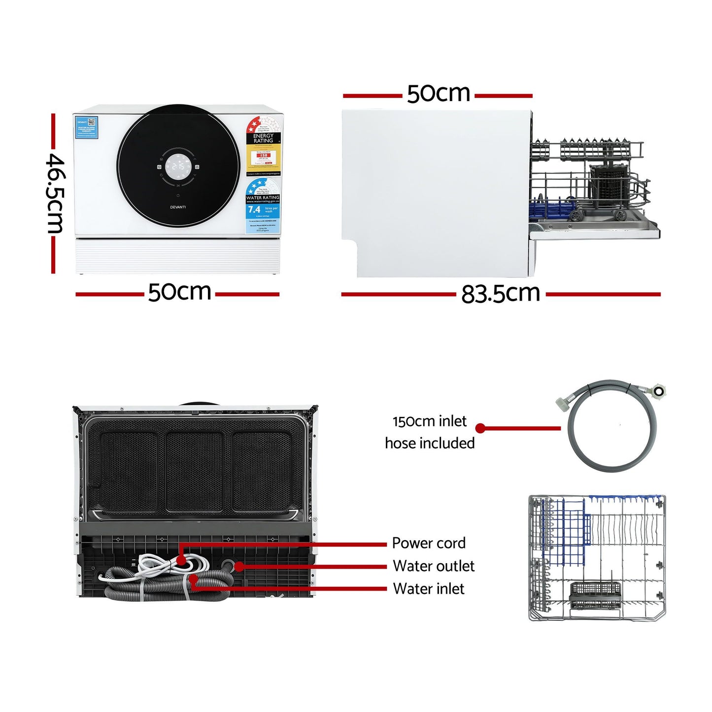 Devanti 6-Place Setting Benchtop Dishwasher 50cm White BDW-6-CD-WH