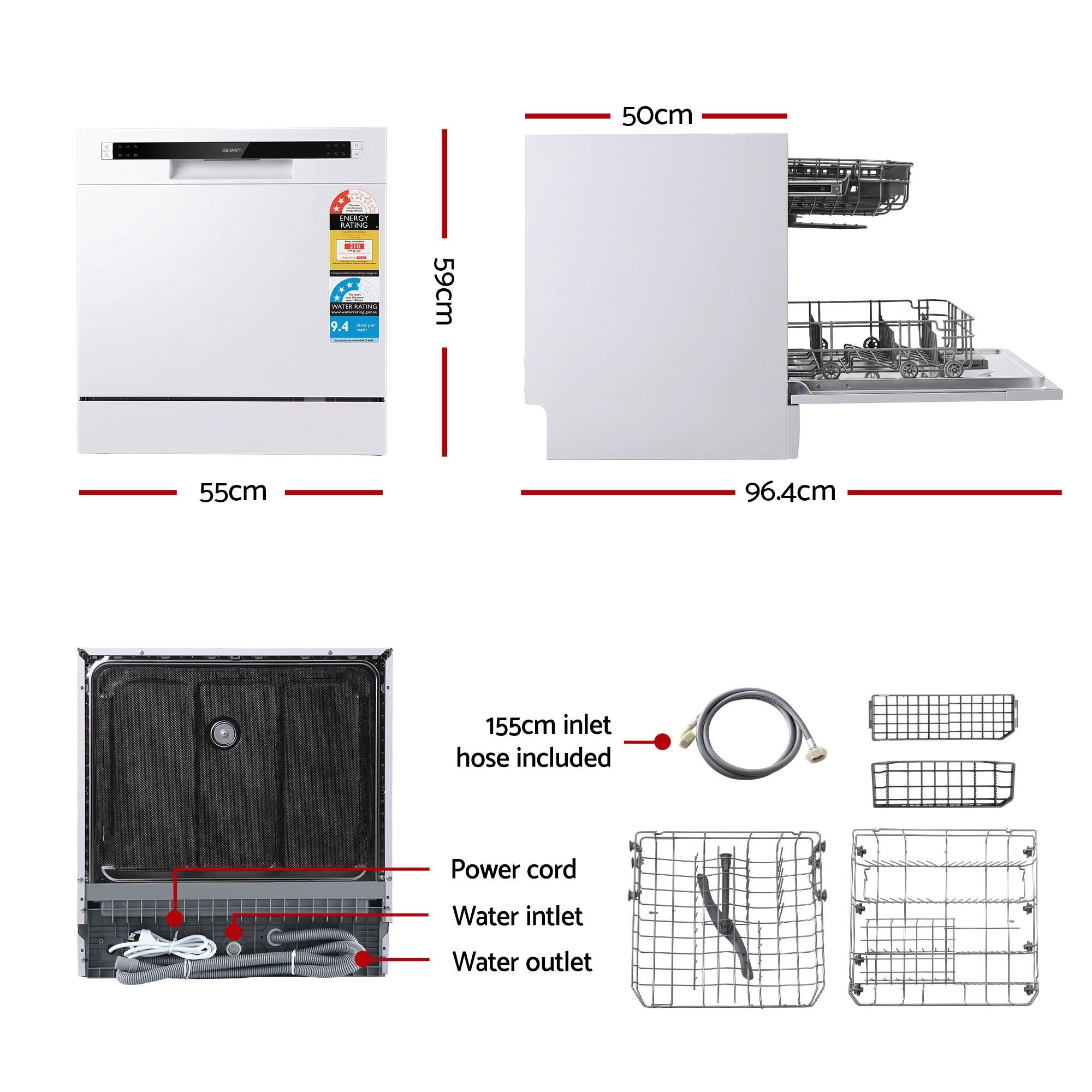 Devanti 8 Place Settings Benchtop Dishwasher White