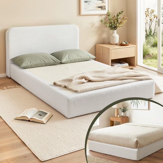 Artiss Compression Bed Frame Double Size No Assembly Vacuum High Density Sponge Boucle Cream White BED-FOAM-BASE-D-WH