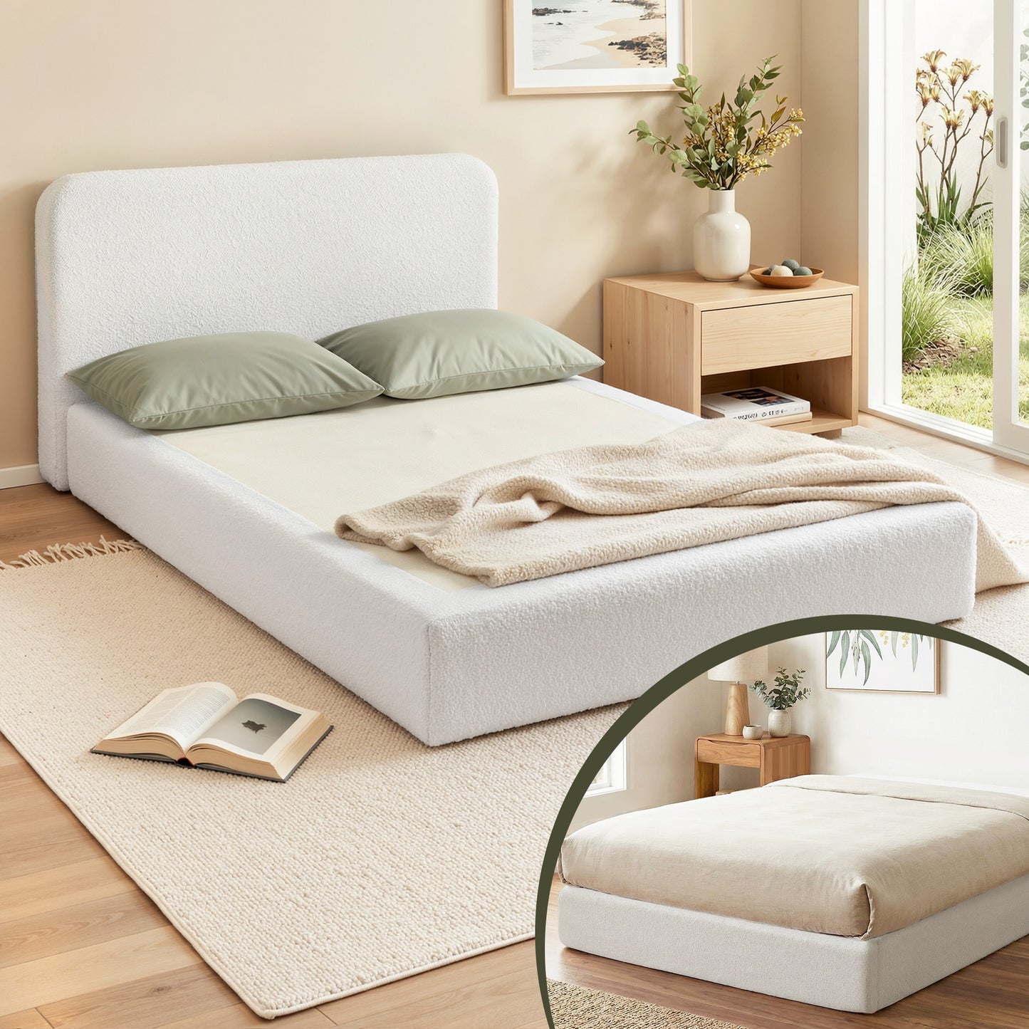Artiss Compression Bed Frame Queen Size No Assembly Vacuum High Density Sponge Boucle Cream White BED-FOAM-BASE-Q-WH