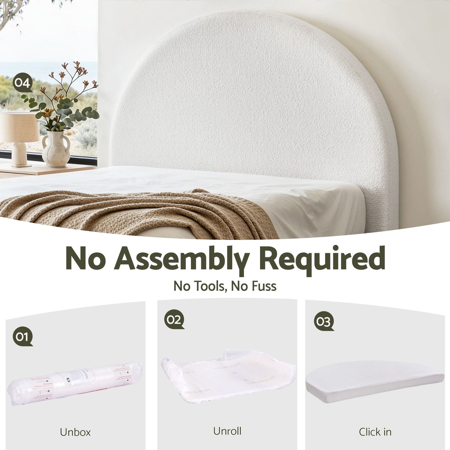 Artiss Double Size Headboard for Bed Frame Boucle Fabric No-Assembly Vacuum Compressed Soft Backrest with BED-FOAM-HEAD-NOVA-D-WH